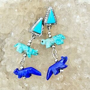 Vintage Stone Fetish Carved Animals Turquoise Sterling Silver Earrings